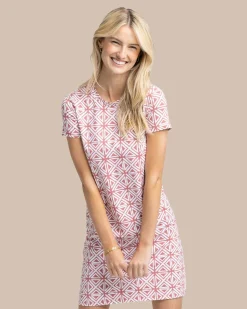New Southern Tide Chanelle Painted Geo Performance Dress Dusty Coral