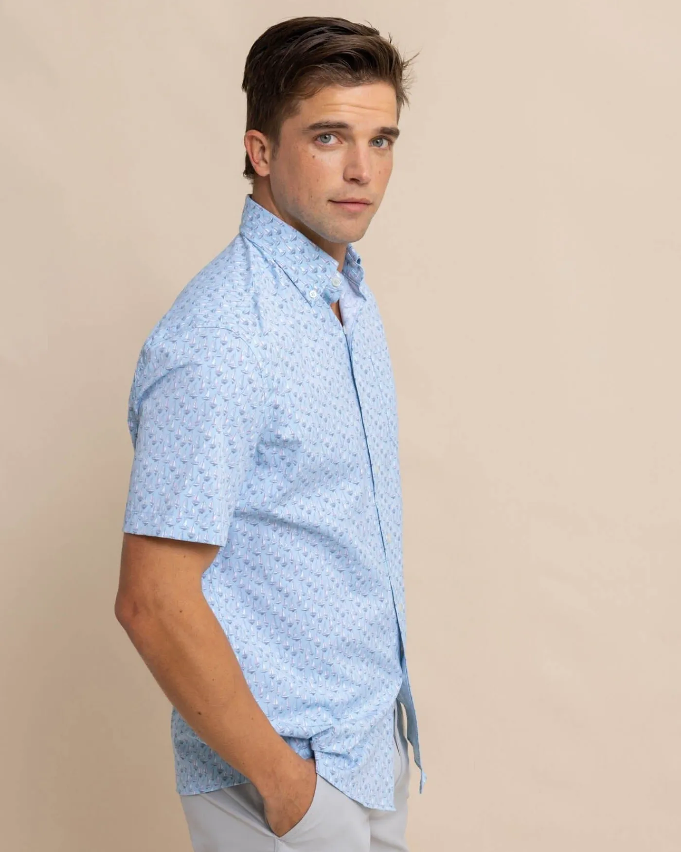 Outlet Southern Tide Intercoastal Forget A-Boat It Short Sleeve Sport Shirt Clearwater Blue