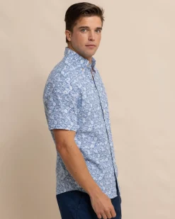 New Southern Tide Linen Rayon Caps Off Short Sleeve Sport Shirt Coronet Blue
