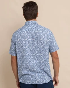 New Southern Tide Linen Rayon Caps Off Short Sleeve Sport Shirt Coronet Blue