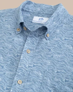 New Southern Tide Linen Rayon The Whaler Short Sleeve Sport Shirt Coronet Blue